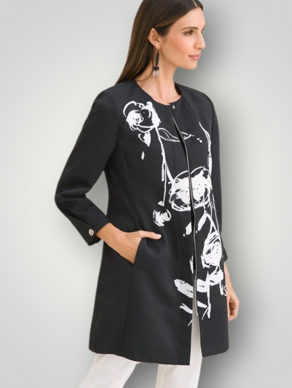 Chico's Size 3 (16/18) Black White Abstract Rose Print Topper Jacket Art-to-Wear